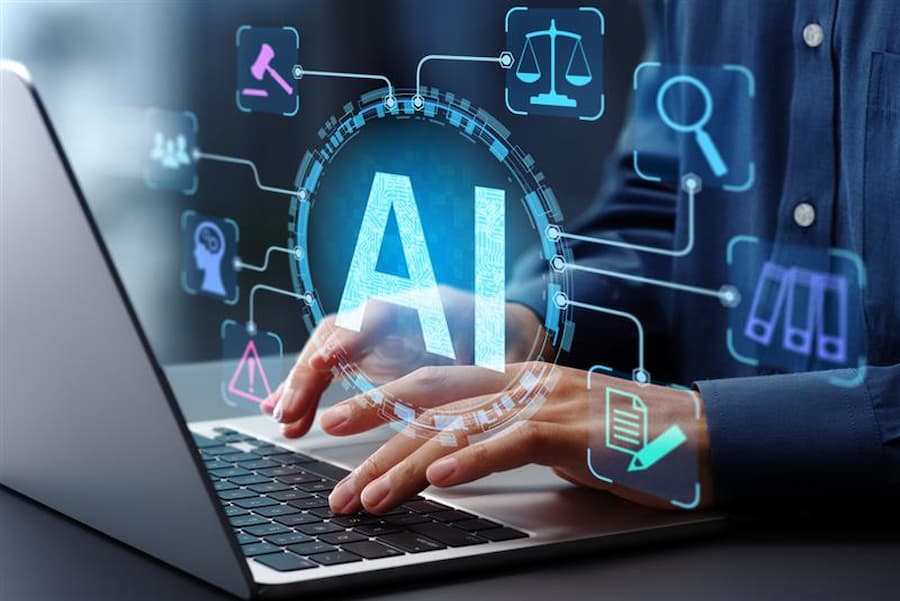 What Are Applications of AI Artificial Intelligence technology concepts with digital icons like law, search, automation, and data analysis on a laptop.