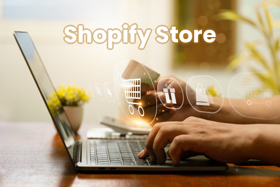 A person using a laptop with digital shopping icons and the text 'Shopify Store' to illustrate how to open Shopify store in Pakistan