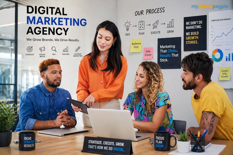 A professional team of four digital marketing experts at My Digital People, the best digital marketing agency in Islamabad for small businesses, collaborating in a modern office with strategy icons including SEO, social media, paid ads, and content marketing displayed on the wall.