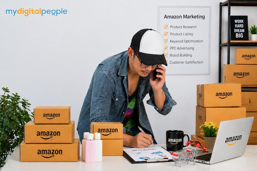 A man working at a desk with a laptop and boxes, illustrating how to work on Amazon in Pakistan
