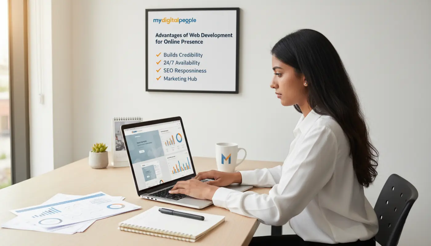 Professional working on laptop in modern office with signboard explaining advantages of web development for online presence and visible MDP logo.