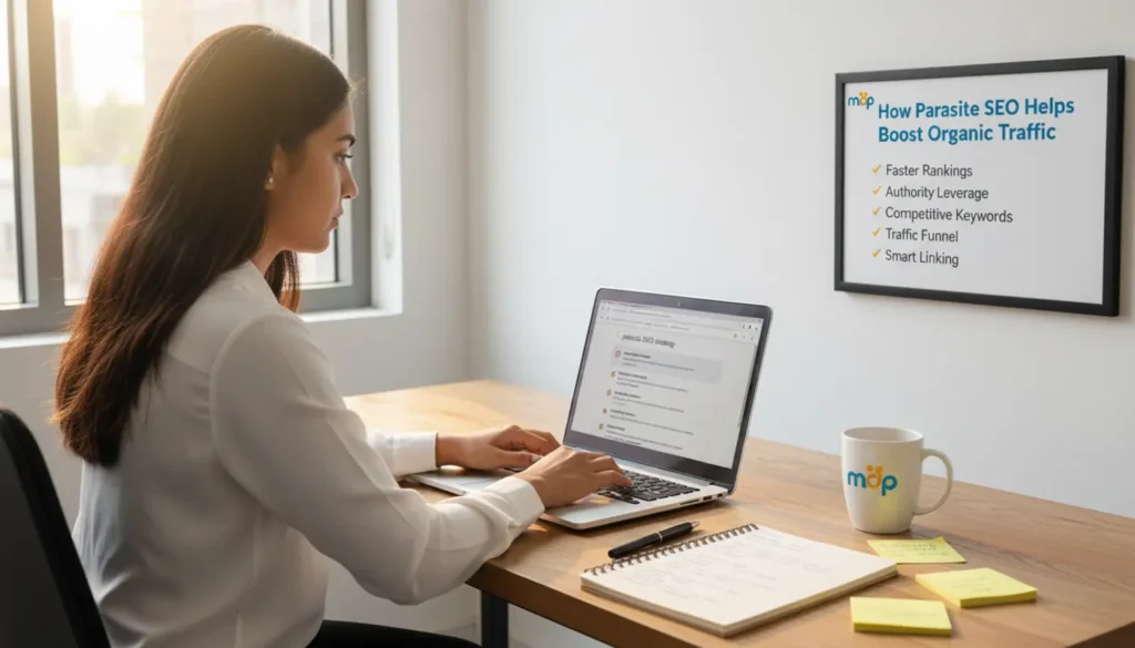 Professional working on SEO strategy with laptop and keyword notes, signboard explaining how parasite SEO boosts organic traffic in an office setting.