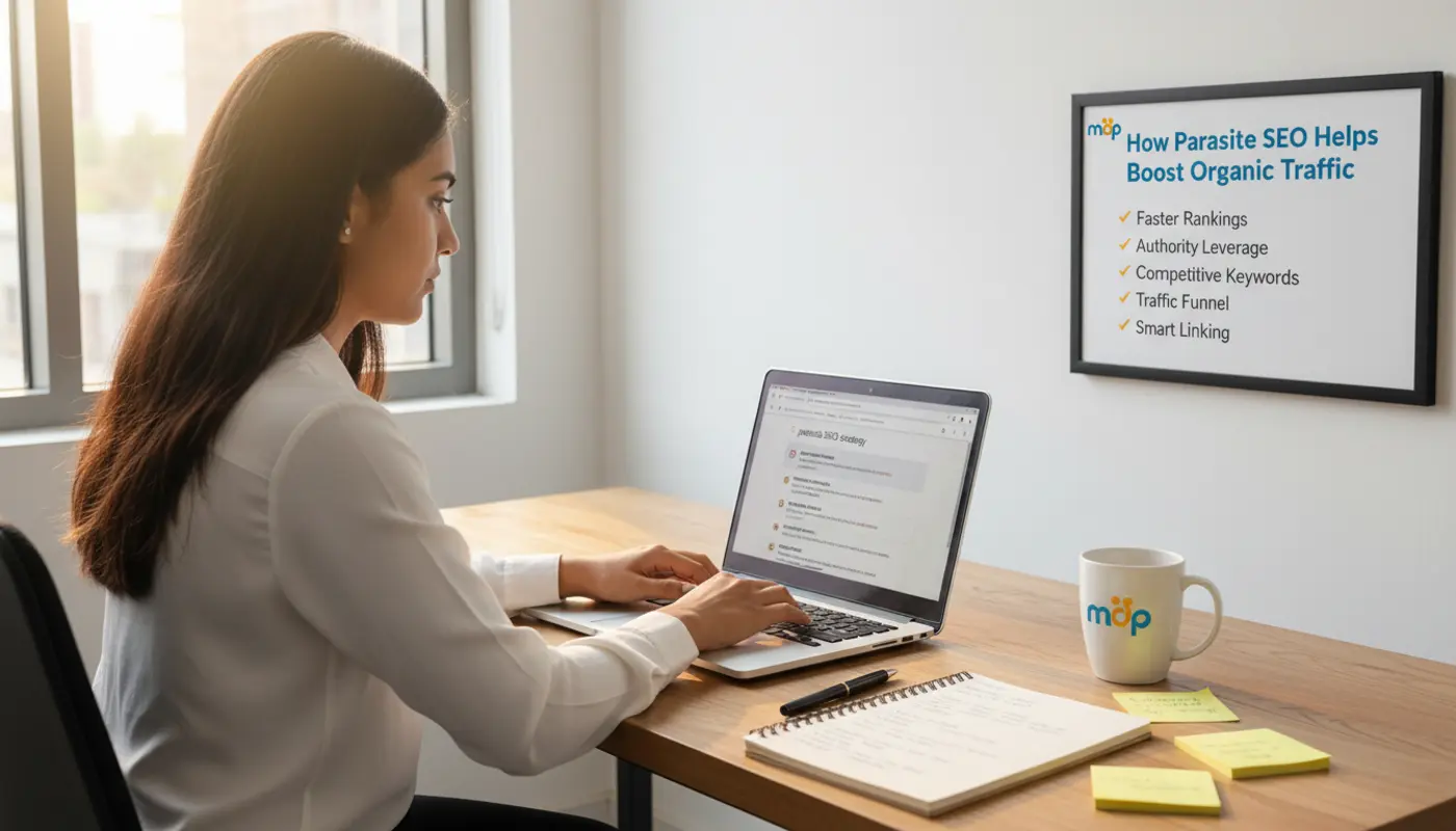Professional working on SEO strategy with laptop and keyword notes, signboard explaining how parasite SEO boosts organic traffic in an office setting.