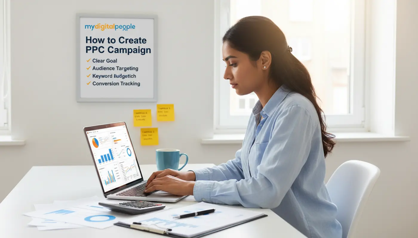 Professional creating a PPC campaign at a desk with reports and a signboard explaining key steps