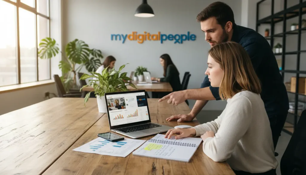 Professionals planning affiliate marketing strategy with laptop analytics in office