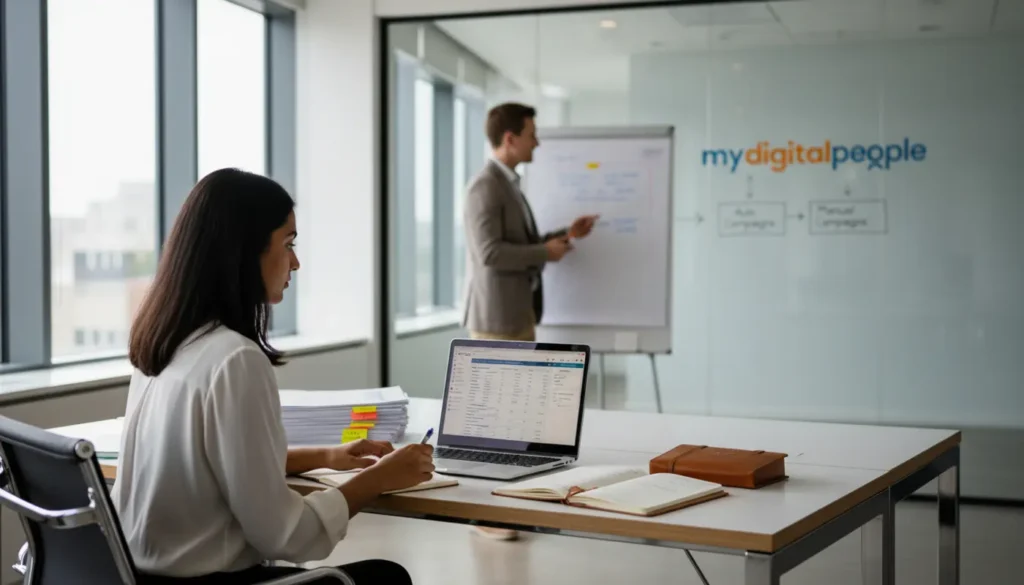 Digital marketer analysing Amazon PPC campaigns with reports and laptop in modern office