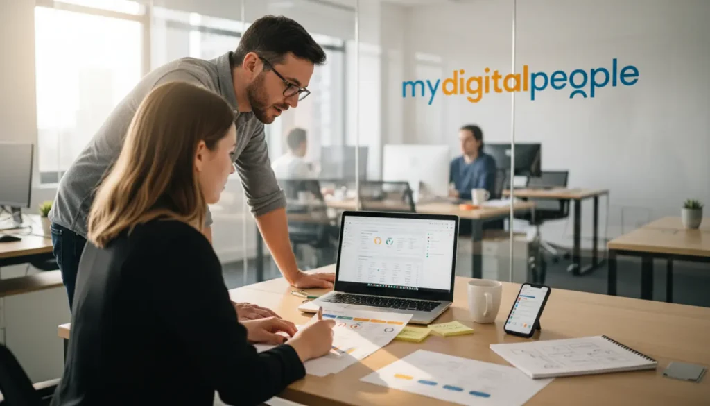 Marketing team analysing Google Ads performance and campaign data in a modern office