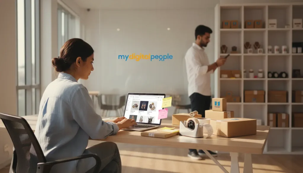 Entrepreneur setting up Shopify dropshipping store with packaging and workspace tools