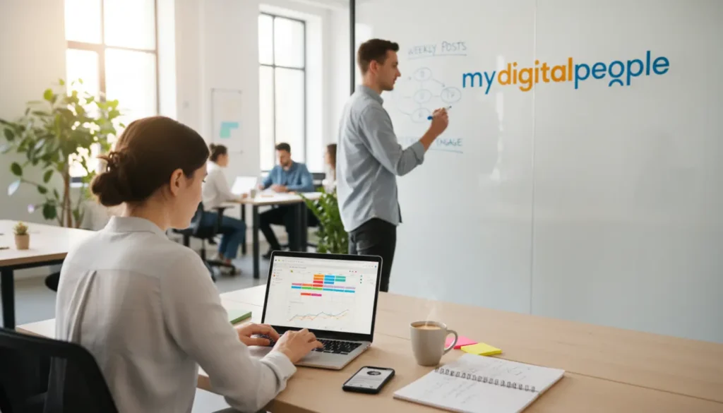 Team planning social media content strategy in a modern digital marketing office