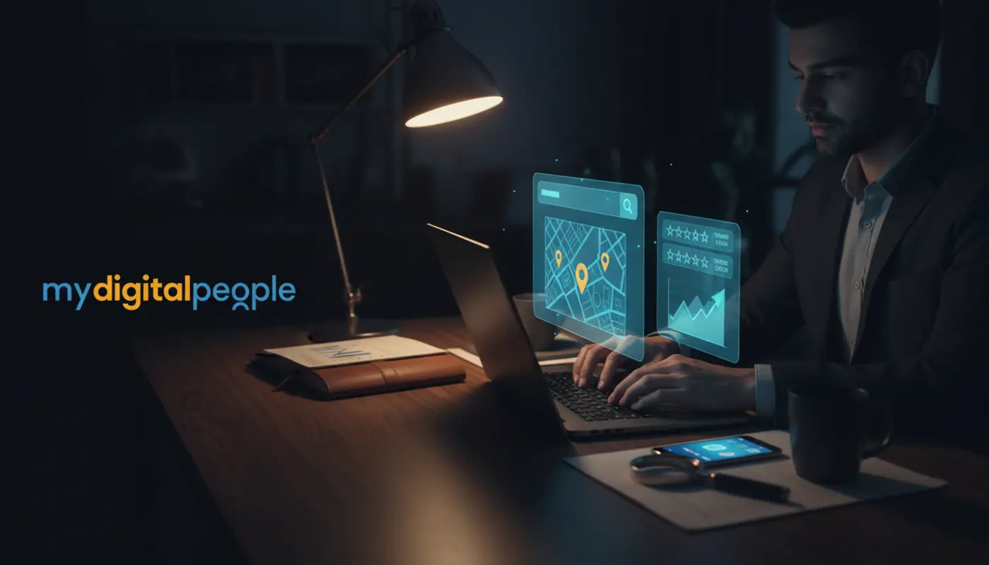 Professional at dark desk with laptop, map pins, reviews and search overlays for local SEO visibility