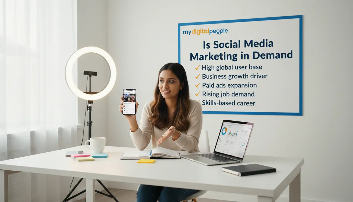 Professional reviewing social media strategy at desk with smartphone, laptop, and signboard explaining demand for social media marketing.