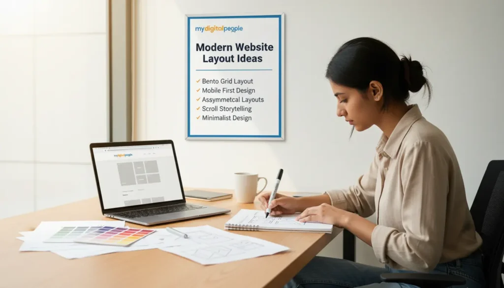 Web designer in Lahore workspace sketching modern website layouts with signboard of layout ideas behind