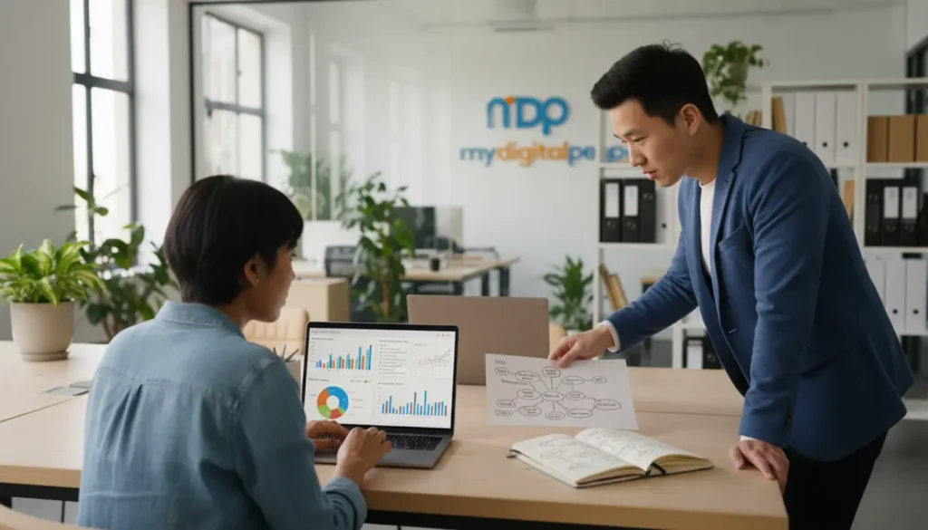 Professionals analysing AI data and workflows in a modern digital agency office
