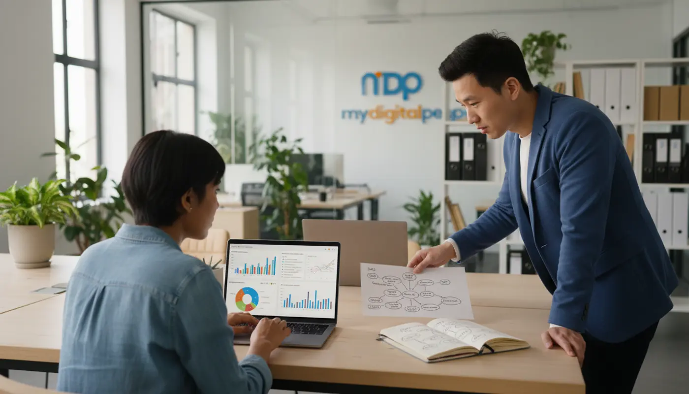 Professionals analysing AI data and workflows in a modern digital agency office