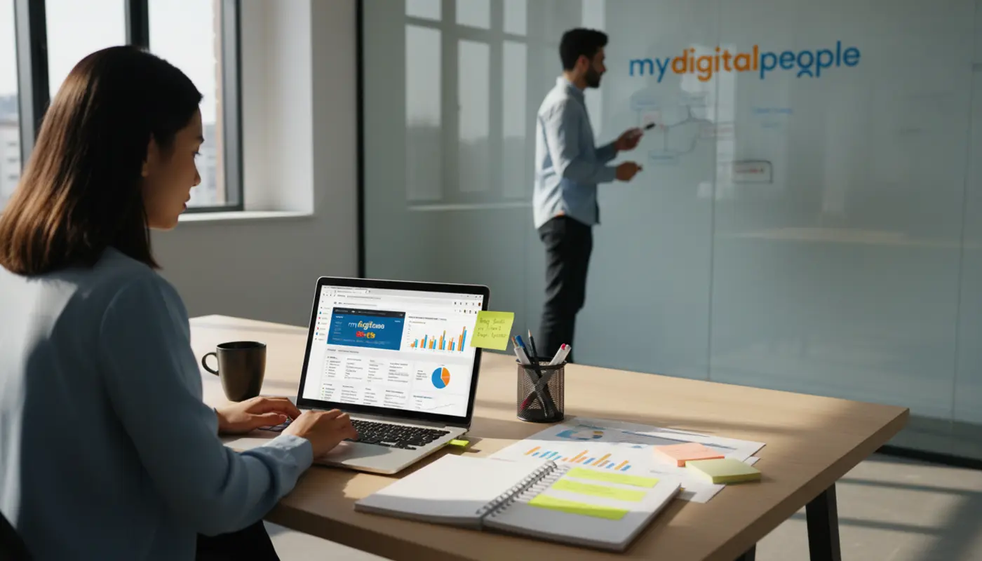 SEO specialist analysing competitor keywords and rankings in a modern office workspace