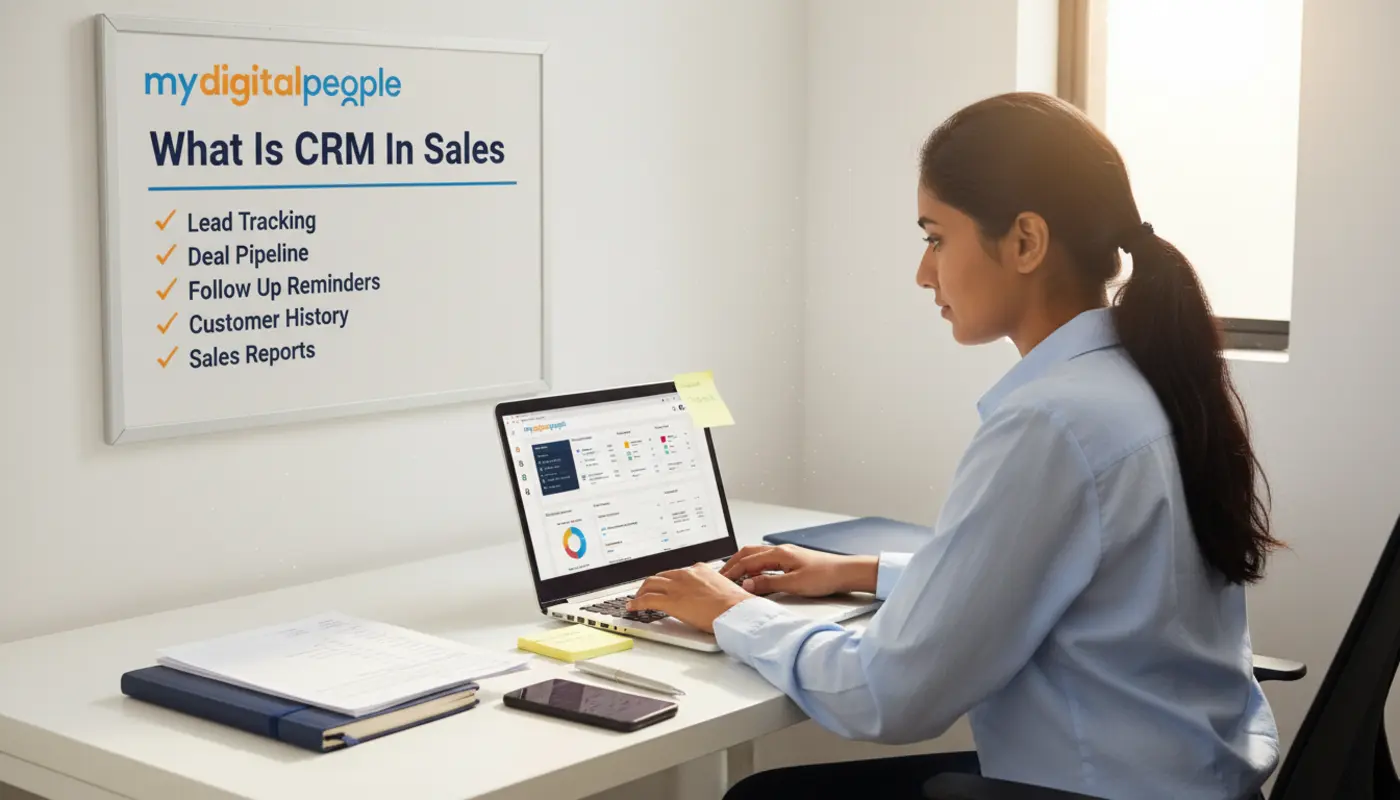 Sales professional using a CRM dashboard at a desk with a signboard explaining CRM in sales and key features in a modern office.