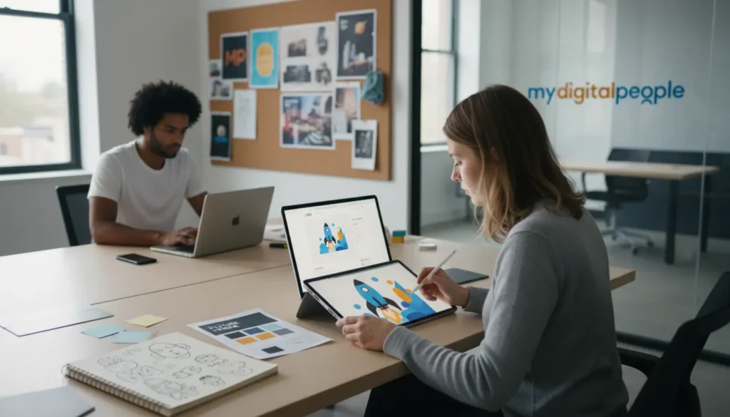 Designer creating custom illustration for website layout in a modern agency workspace
