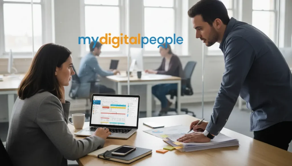 Team reviewing CRM database on laptop with customer data in a modern office