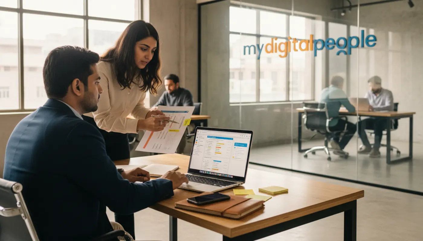 Marketing team reviewing CRM data and customer retention strategy in modern office