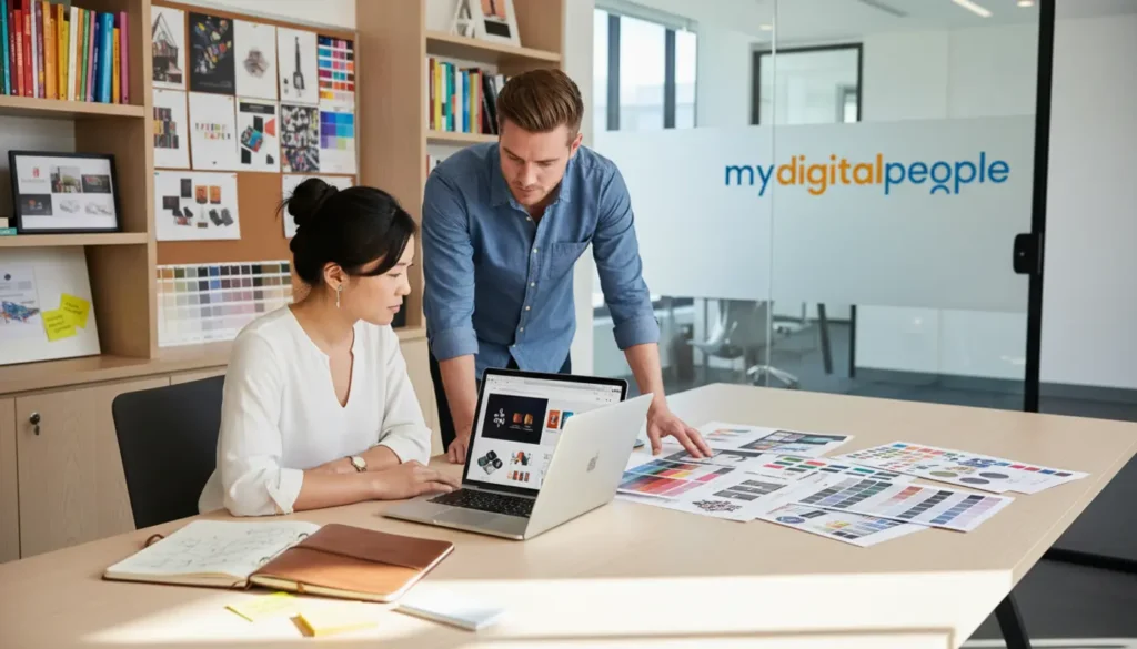 Designers reviewing a structured graphic design portfolio in a modern agency workspace
