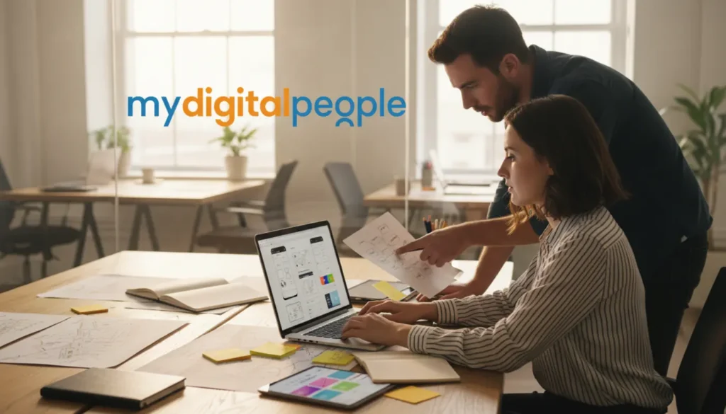 UX designers working on mobile app wireframes and user flows in a modern agency office