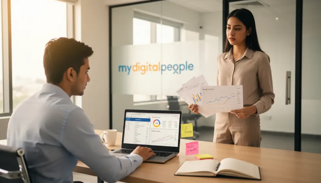 Digital marketers analysing AdSense CPC and website traffic in a modern office