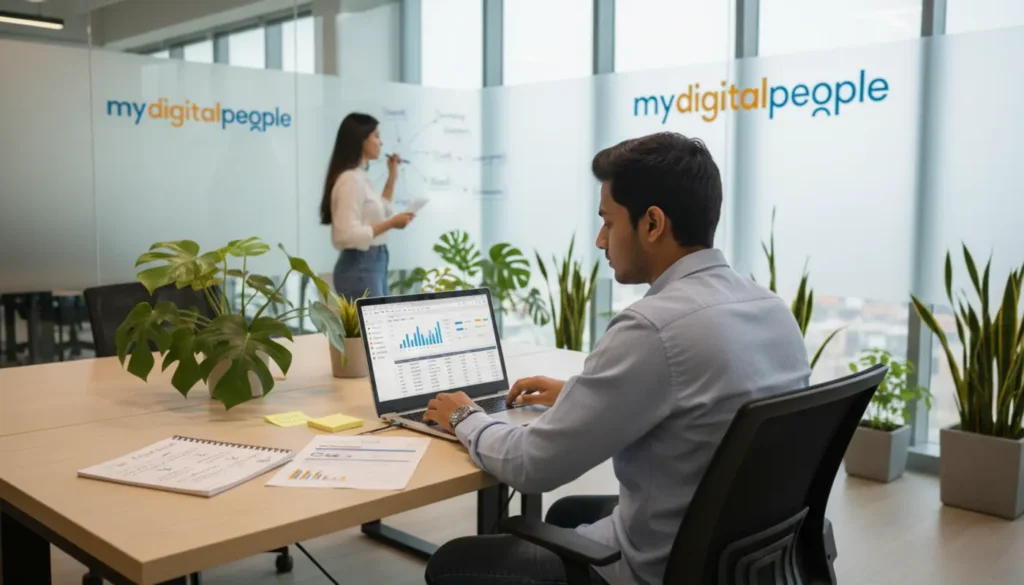 SEO specialist analysing keyword rankings and search visibility in a modern agency office