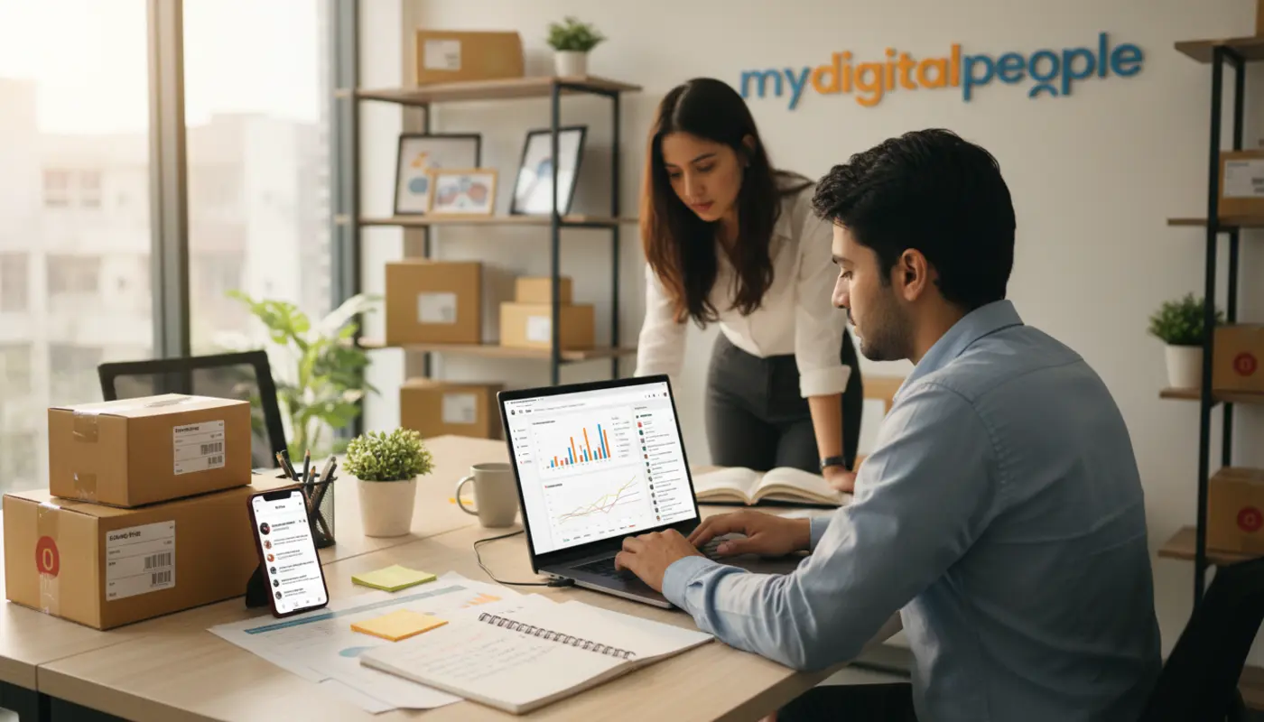 Shopify marketing team analysing ecommerce sales and campaign performance in office