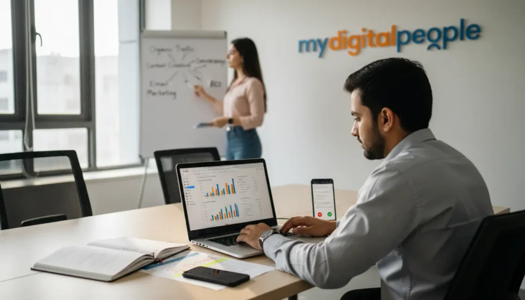 SEO specialist analysing traffic and conversions on laptop in modern digital agency office