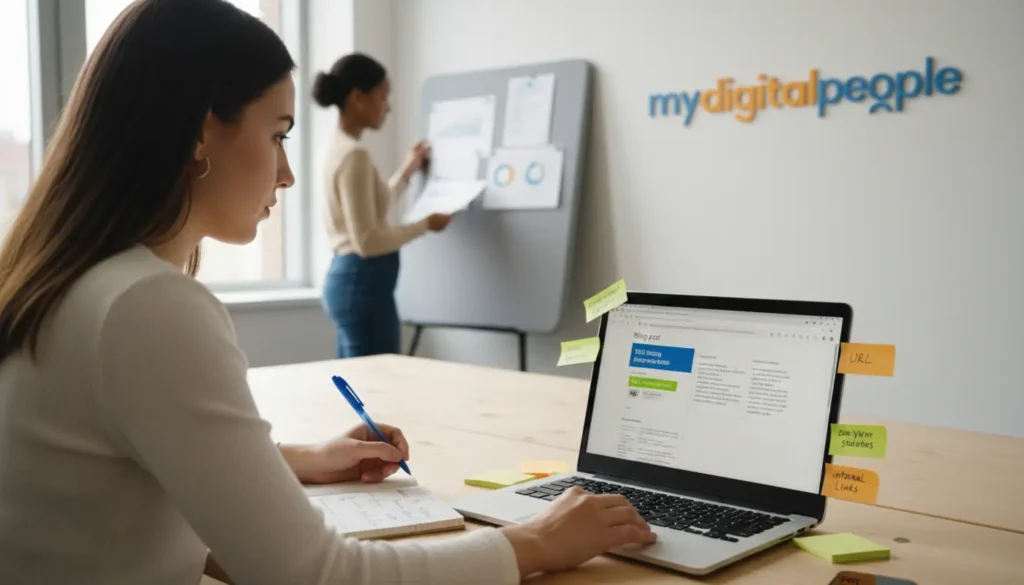 Content strategist adding SEO keywords to website with notes and analytics in a modern office