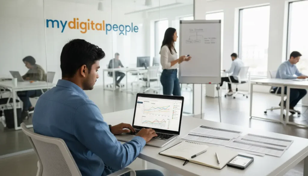 SEO audit in progress with analytics dashboard and notes in a modern agency office