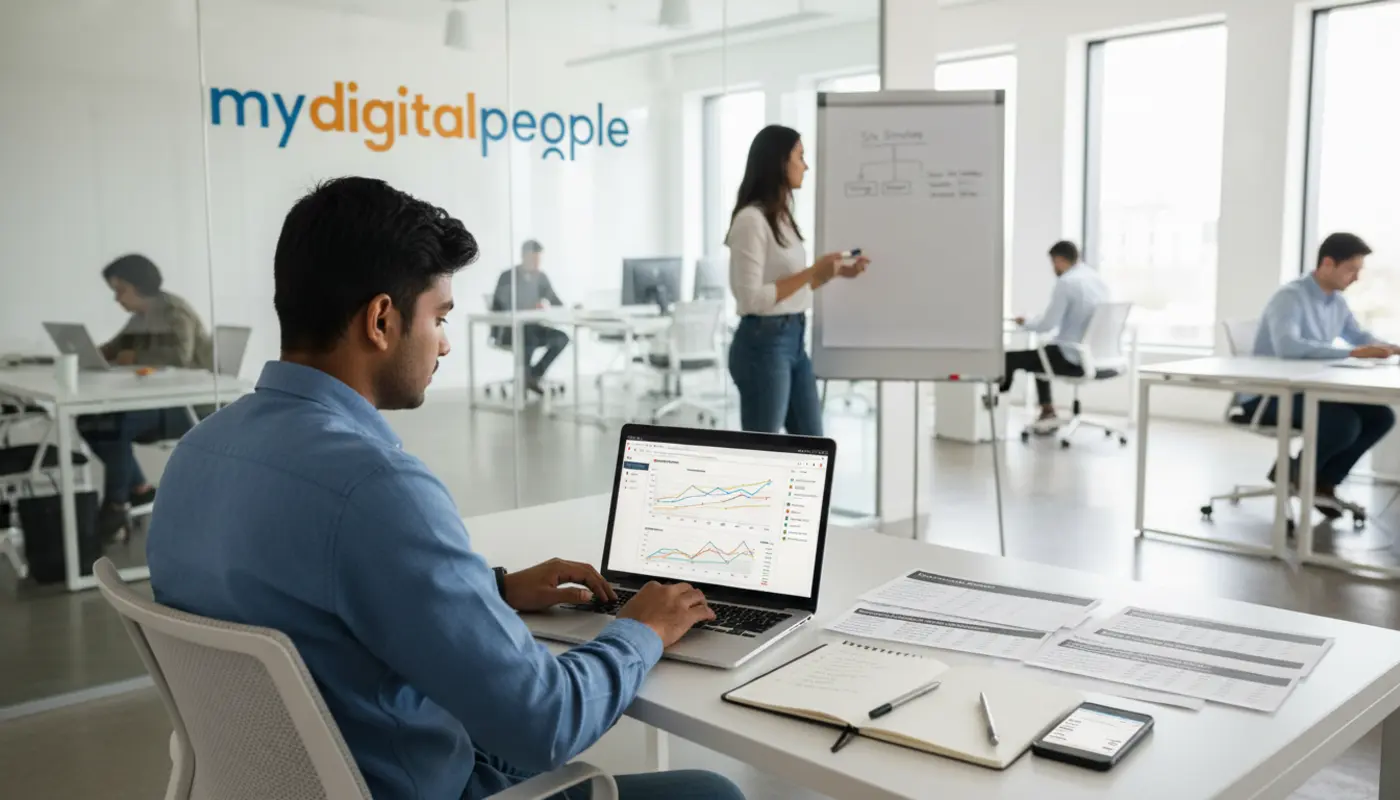 SEO audit in progress with analytics dashboard and notes in a modern agency office