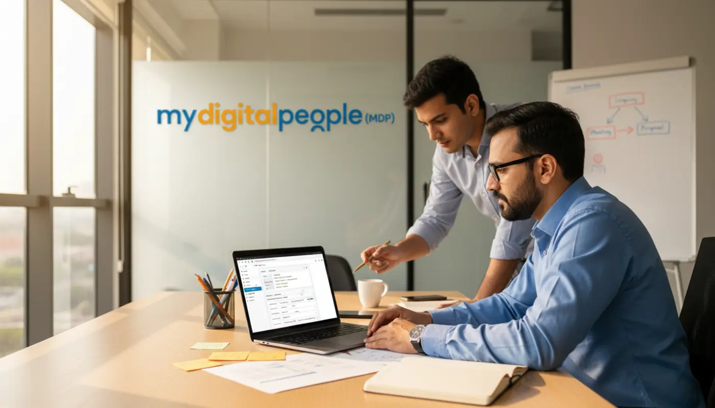 Sales team reviewing CRM dashboard and pipeline reports in a modern office
