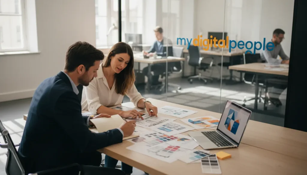 Client reviewing graphic design portfolio with agency team in modern office setting