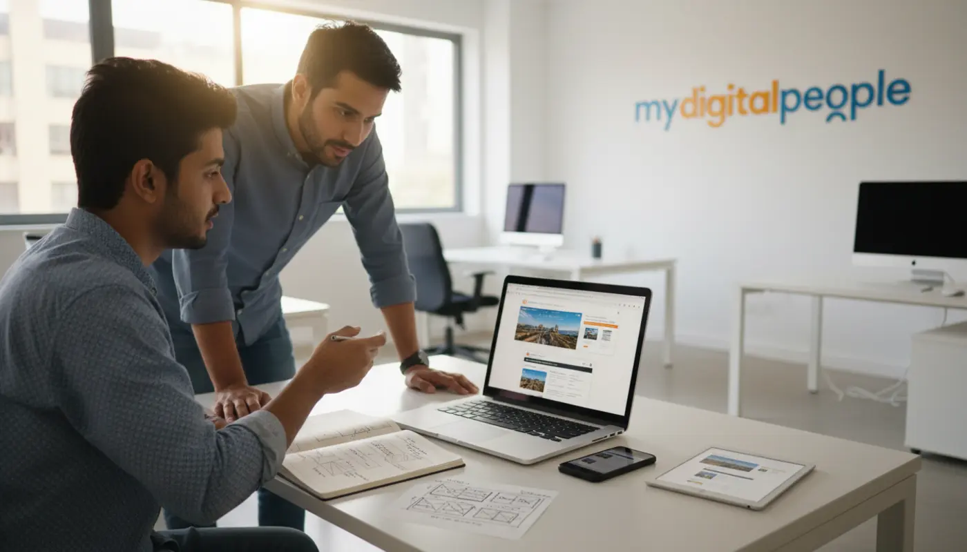 Web designer testing responsive website layouts across devices in a modern office
