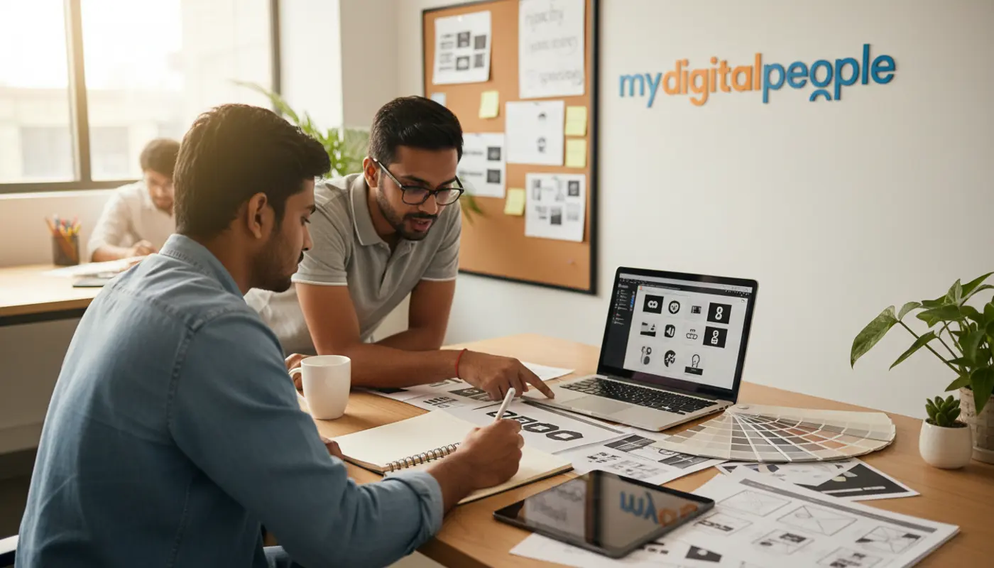 Graphic designers reviewing branding work and typography in a modern agency office