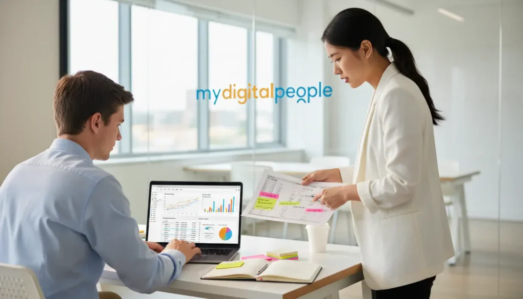 Digital marketing team analysing SEO strategy and business growth in a modern office