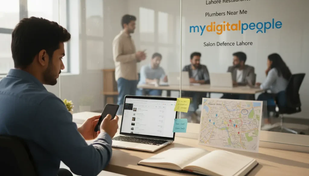 Professional analysing local SEO performance and customer engagement in office setting