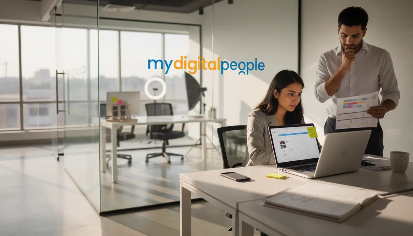 Digital marketing team planning social media content with laptop and calendar in office