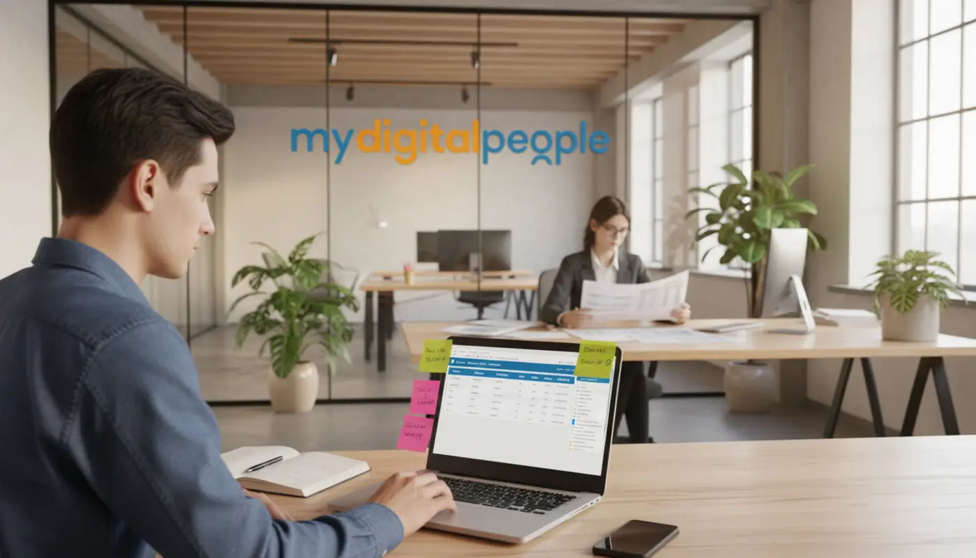Office scene showing CRM sales work and ERP operations side by side in a modern agency