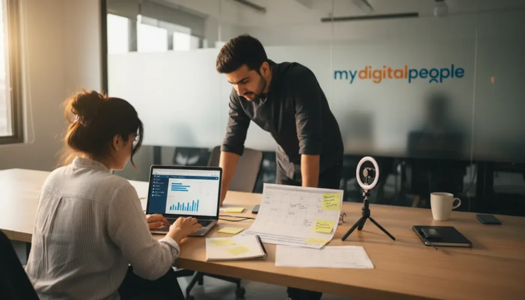 Team analysing social media marketing strategy in a modern office workspace