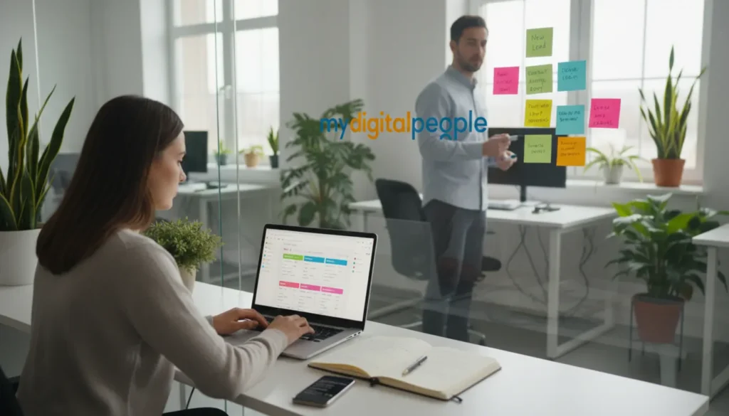 Team using CRM software to track leads, sales pipeline, and customer interactions in office