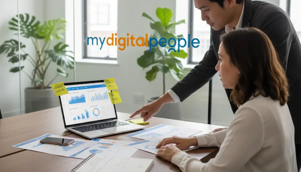 Marketing team analysing engagement metrics on laptop in modern office workspace