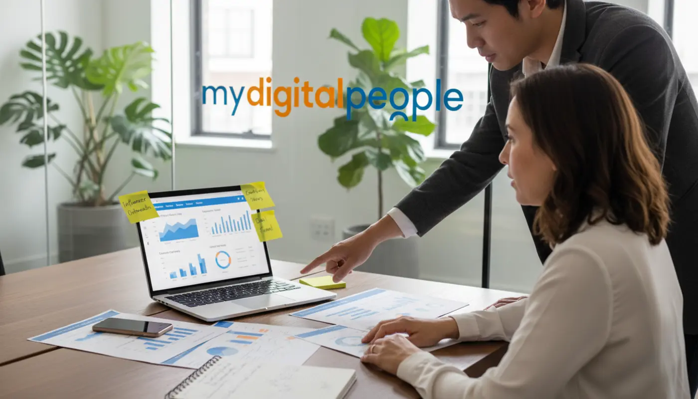 Marketing team analysing engagement metrics on laptop in modern office workspace