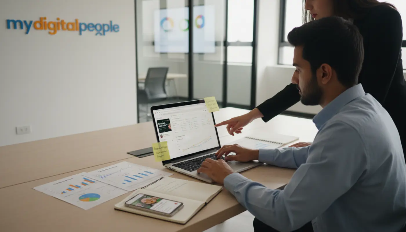 Digital marketers analysing PPC campaign performance in a modern office workspace