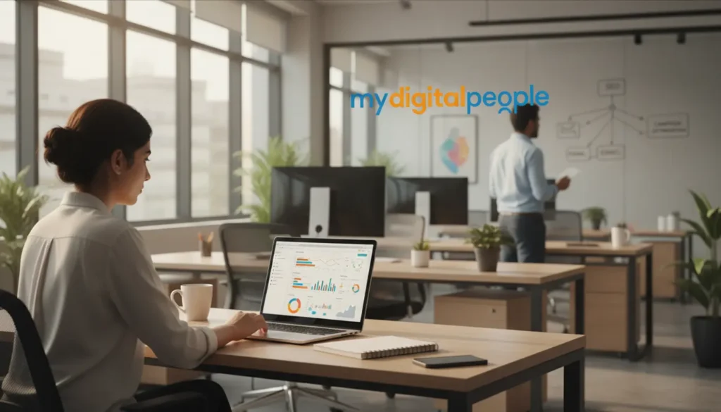 Professionals analysing AI data and marketing strategy in a modern office workspace