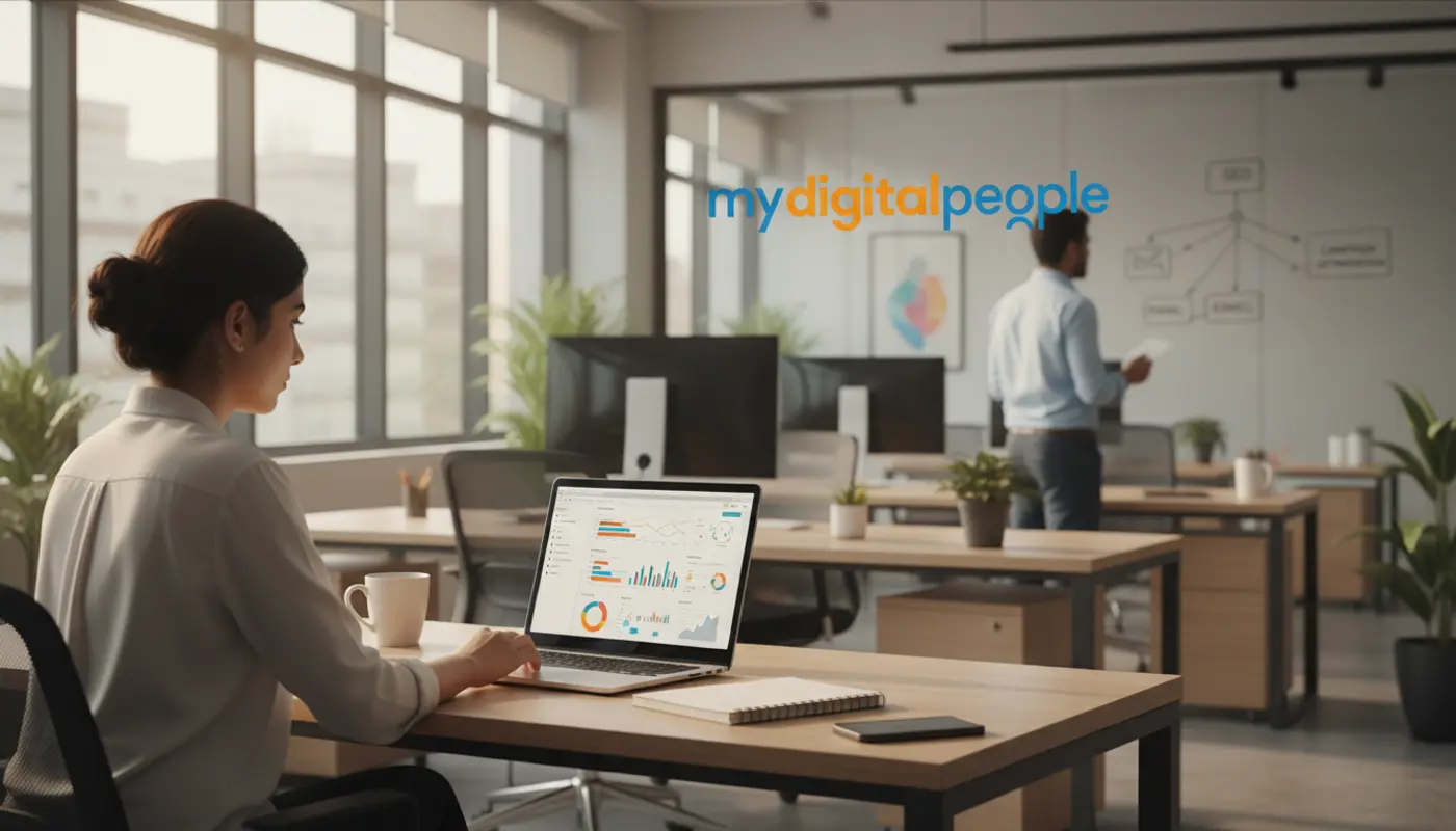 Professionals analysing AI data and marketing strategy in a modern office workspace