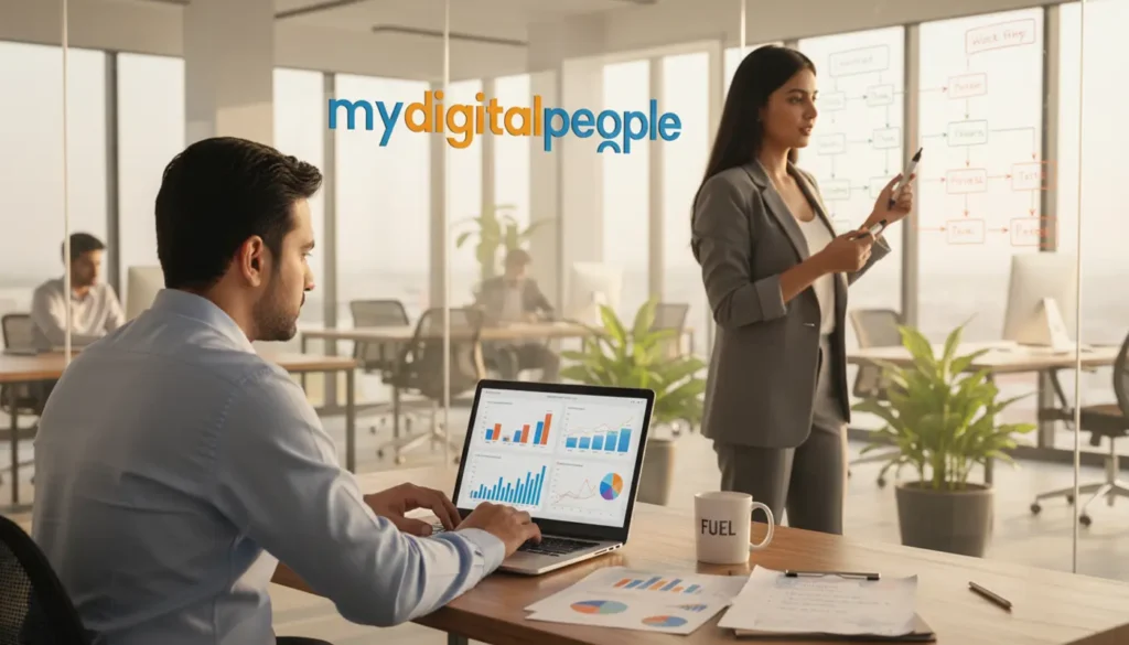 Professionals analysing AI-driven business data in a modern office workspace