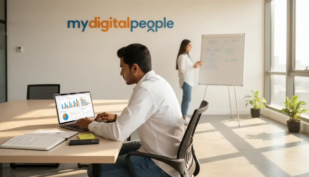 Digital marketer analysing campaign data in a modern Lahore office workspace