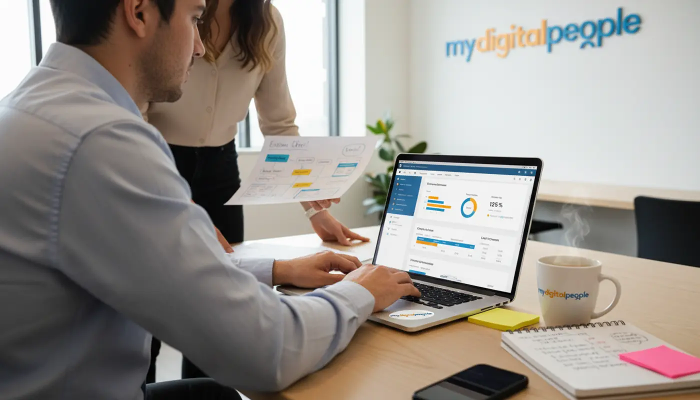 Two marketers planning an affiliate email campaign in a modern agency office